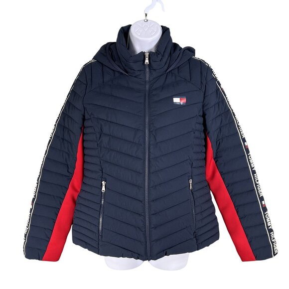 Tommy Hilfiger Women M Puffer Hooded Jacket Branded Strip Down Sleeves Flag Logo - Picture 3 of 16